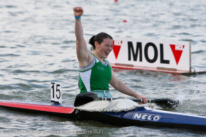 Jenny Egan Crossing The Finish Line Winning a Silver Medal in the 5000m Race at the Kayak Senior Sprint World Cup 2, Szeged, Hungary.